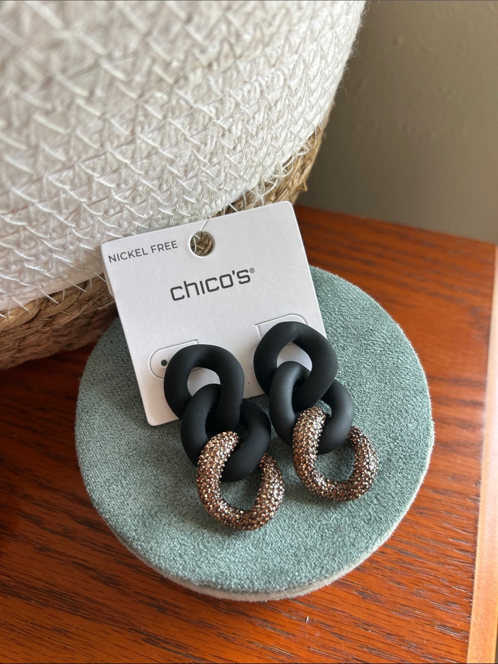 CHICO'S Matte Black Chain Earrings with Bronze Sparkle Loops